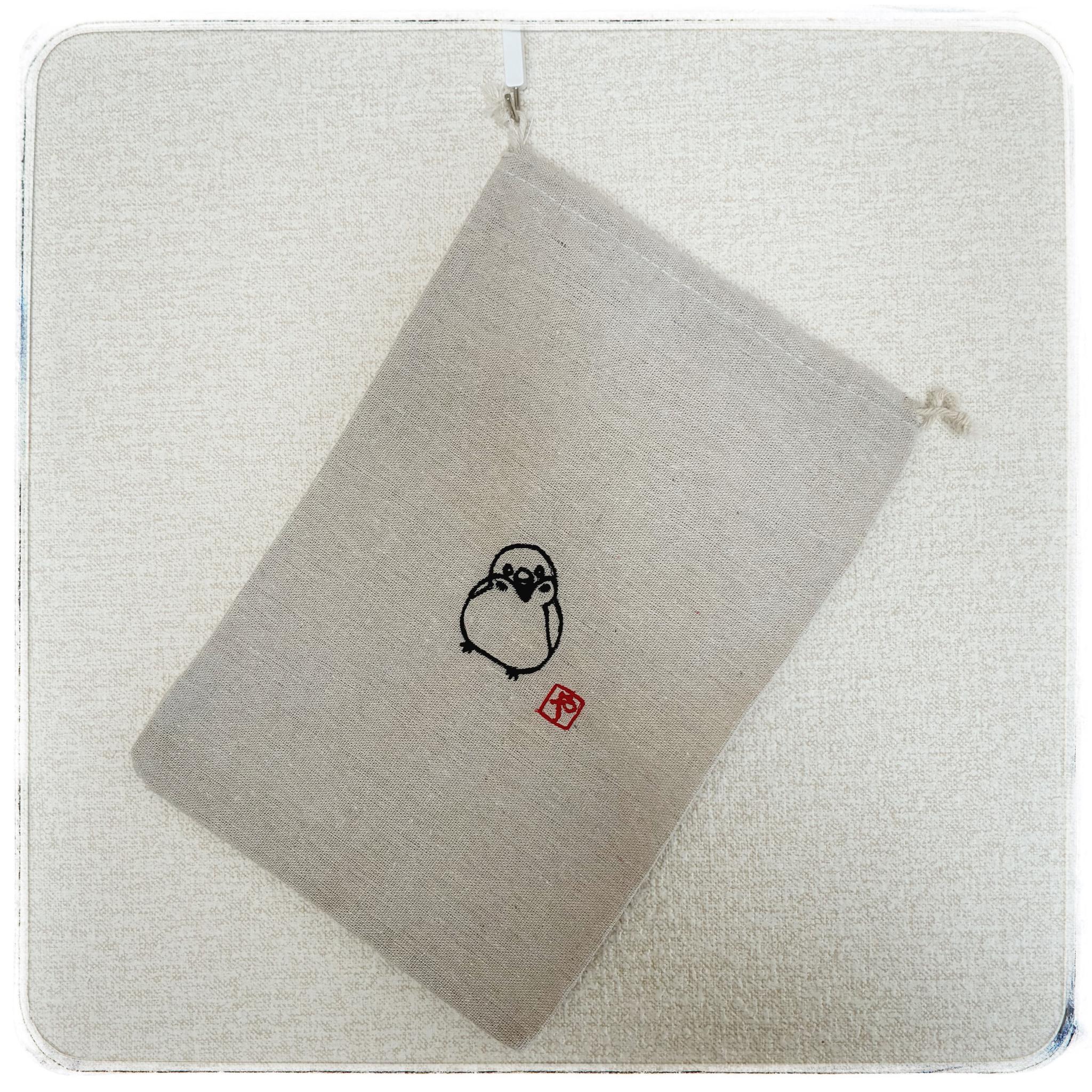 雀の刺繍巾着　スズメのナチュラル系小物入れ　名入れ可