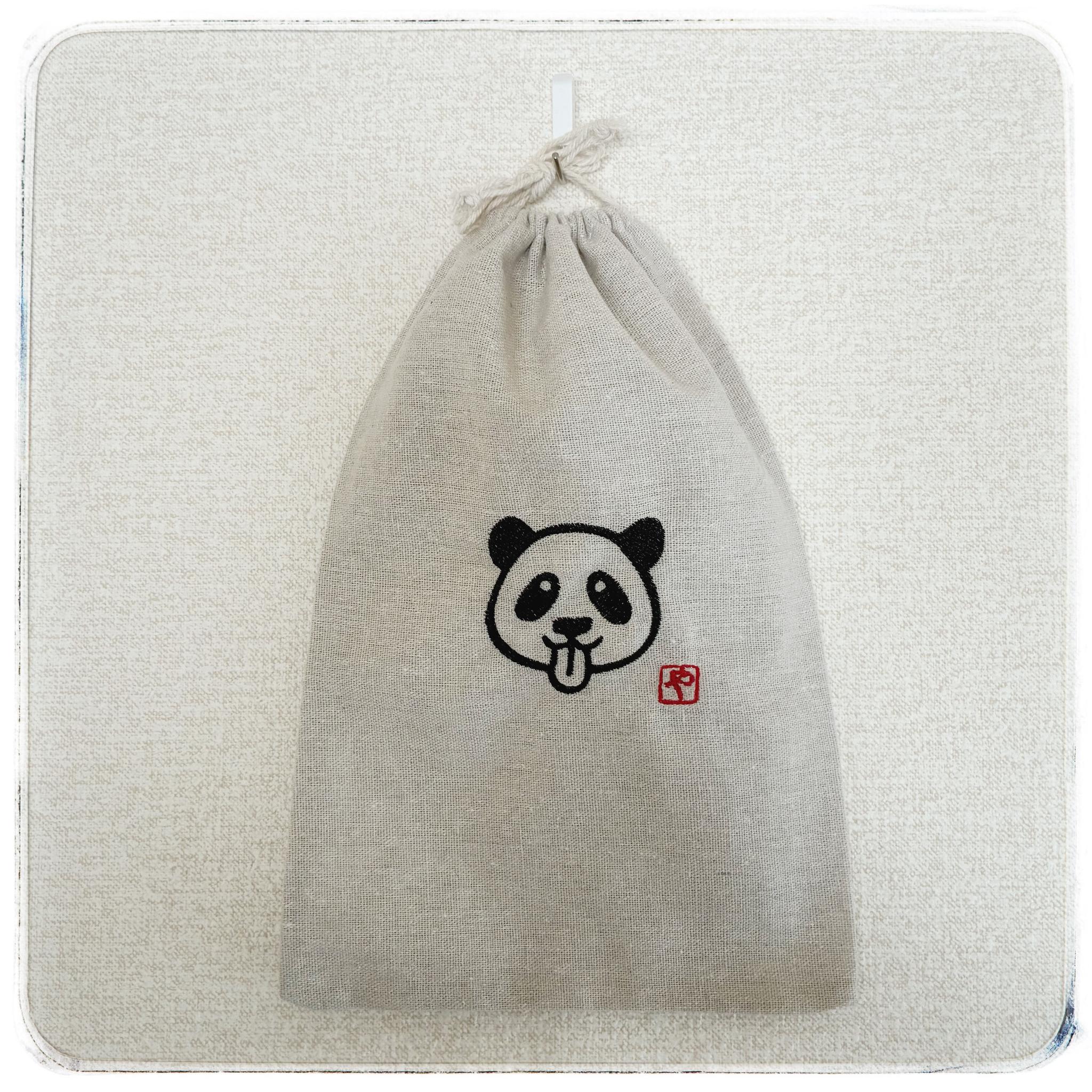 パンダ刺繍のナチュラル巾着　生成りコットンの小物入れ・コスメポーチ・バッグ整理袋　名入れ可