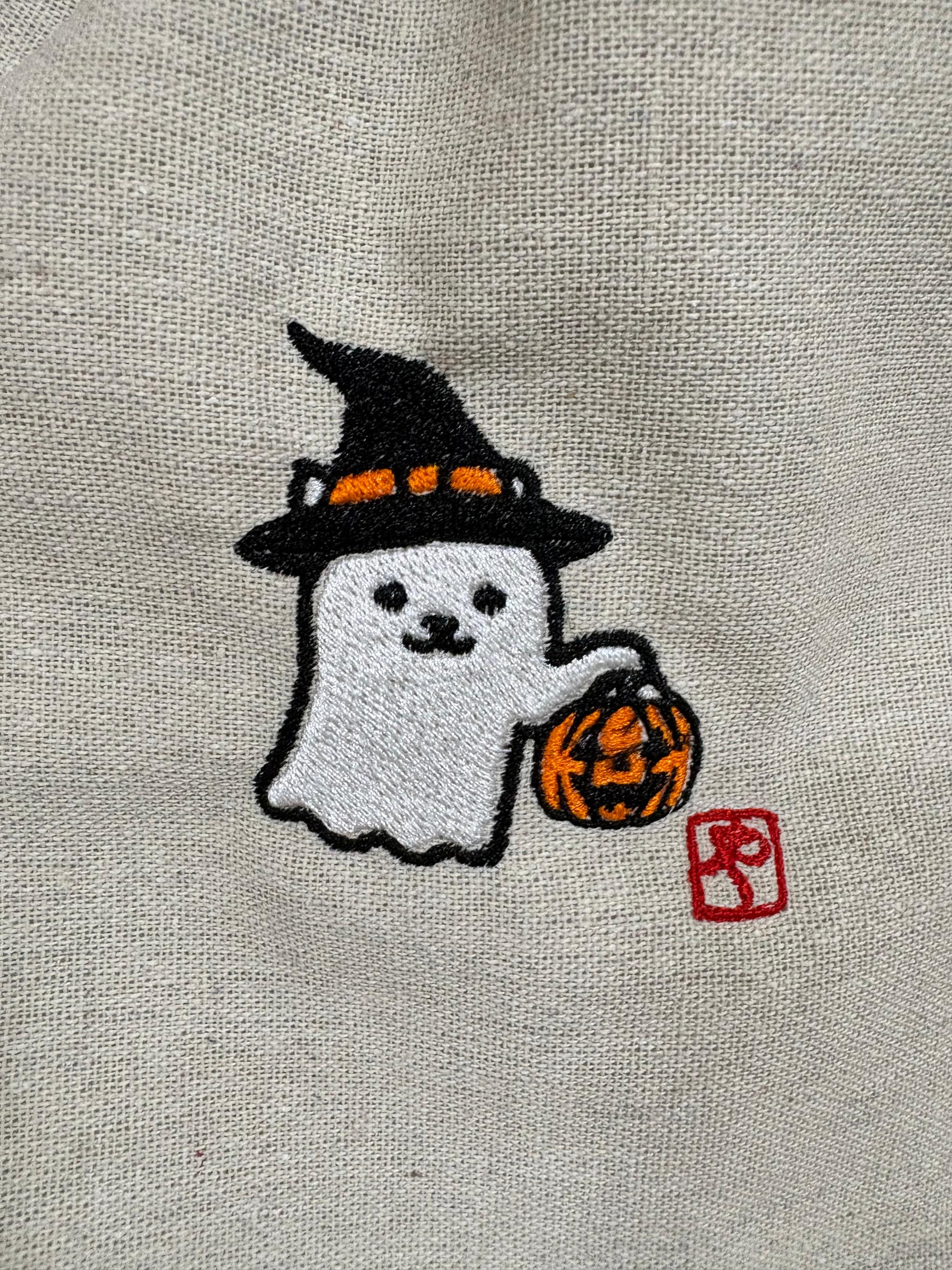 【送料無料】ハロウィーンネコお化けナチュラル巾着 小物入れ コバッグ整理袋 名入れ可 先着おまけチャーム | 2枚目